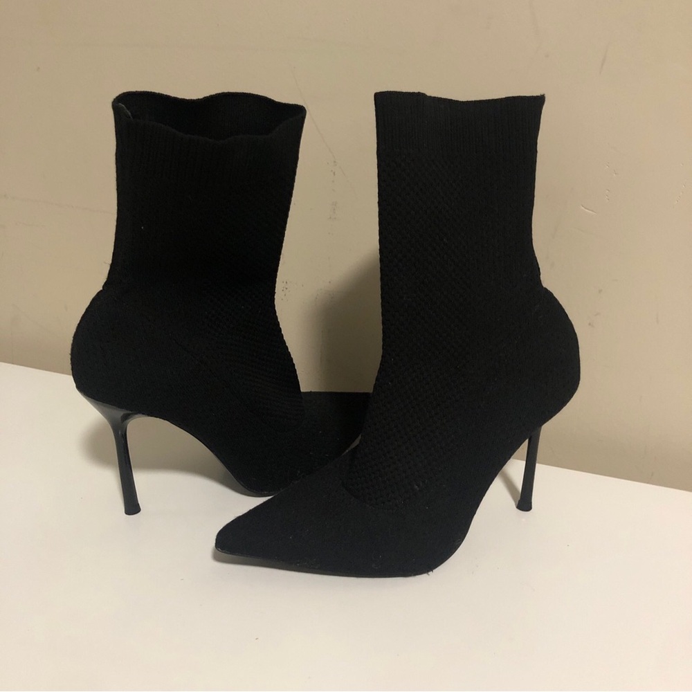 Zara Trafaluc Boots Textile Tulle Netting Elastic Black High Heels Thin T 39 Vgc